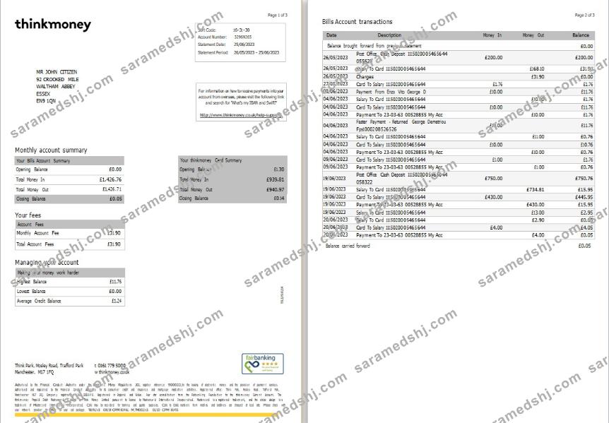 United Kingdom Think Money bank statement Word and PDF template, 3 pages